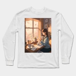 young lady starts her day by enjoying a cup of coffee. Long Sleeve T-Shirt